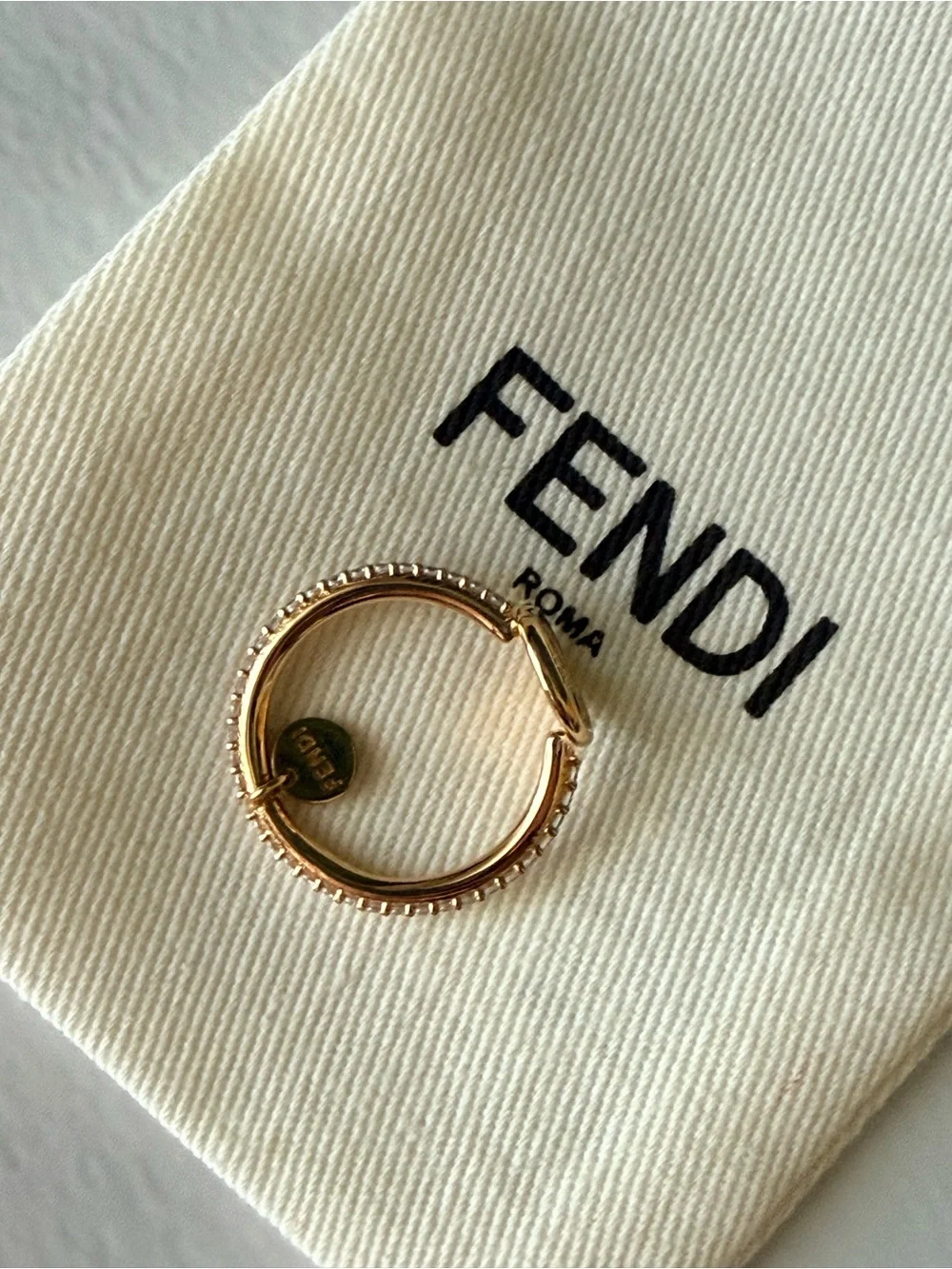 Fendi Gold Logo Circle Ring with Pavé Band Size Large Brand New - Picture 4 of 8